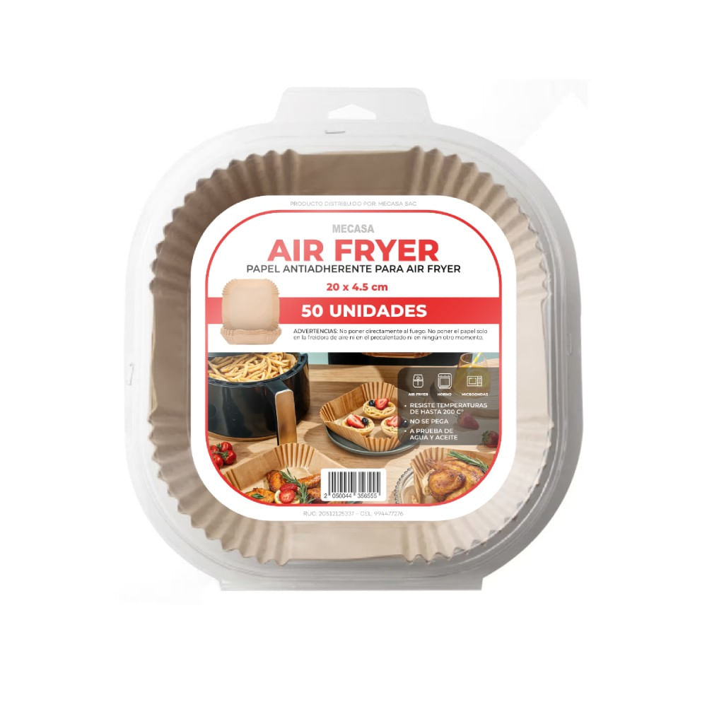 Papel Antiadherente para Air Fryer Mecasa Cuadrado 20x4.5cm 50un