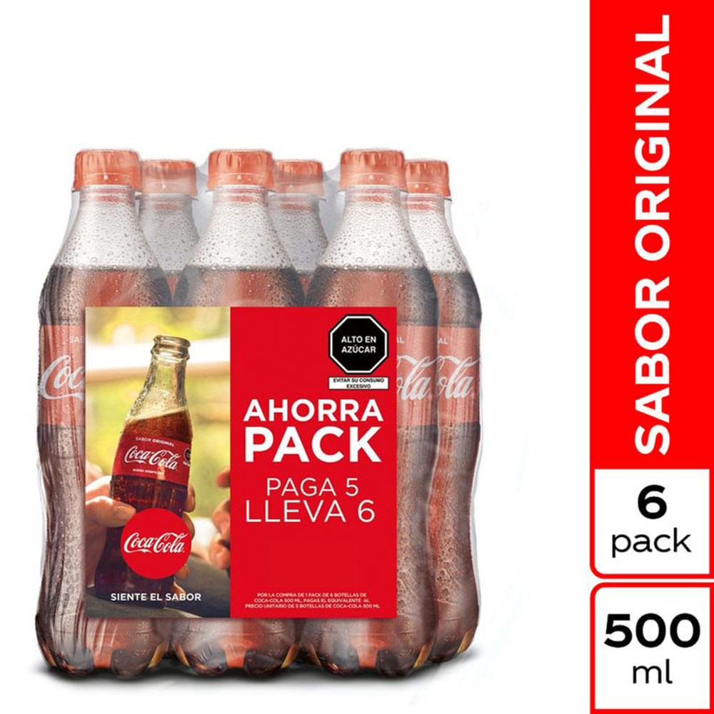 Sixpack Gaseosa Coca Cola Sabor Original Botella 500ml