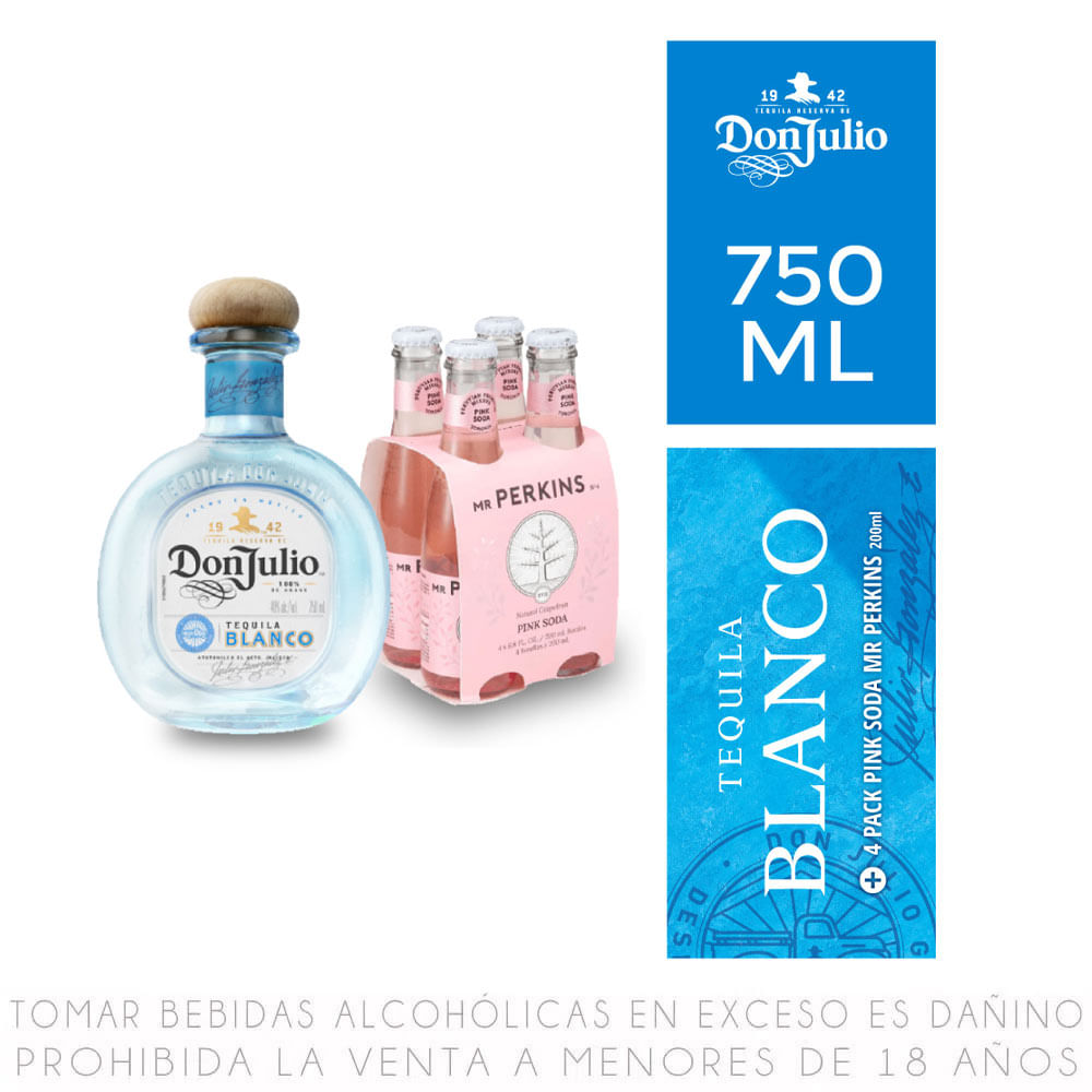Tequila Don Julio Blanco Botella 750ml + Fourpack Mr Perkins Pink Soda Botella 200ml