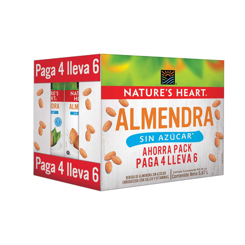Sixpack Bebida de Almendra Nature's Heart Sin Azúcar Caja 946ml