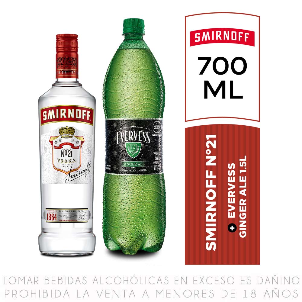 Vodka Smirnoff N°21 Botella 700ml + Ginger Ale Evervess Botella 1.5L