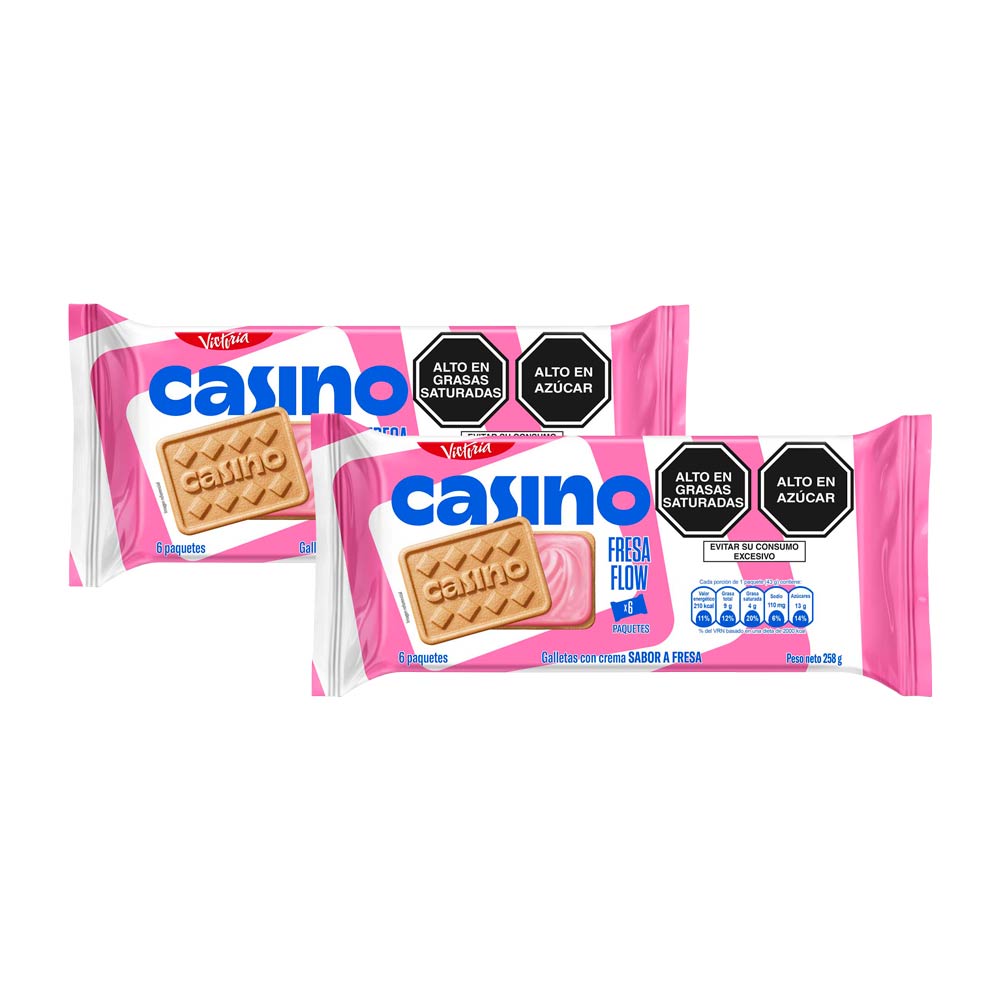 Pack x2 Sixpack Galleta con Crema Casino Fresa Flow 43g