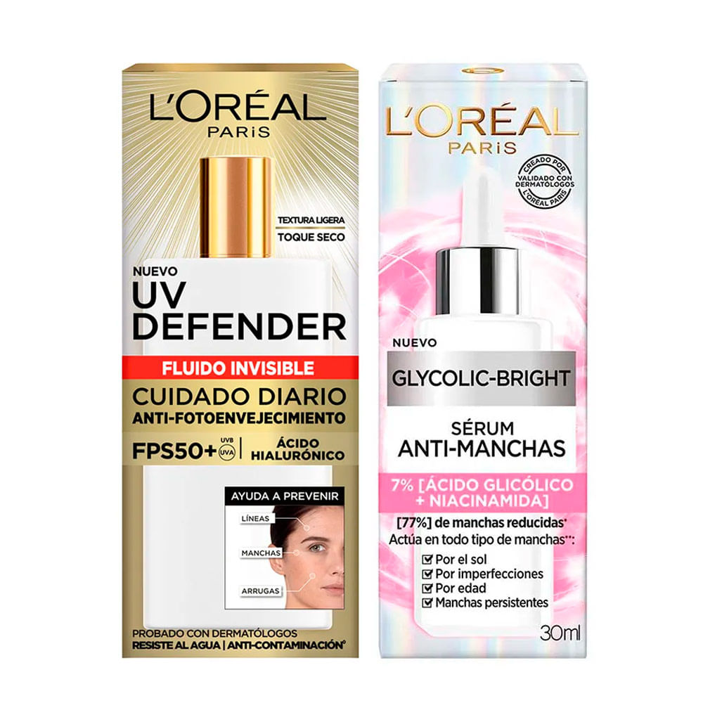 Pack Loreal: Sérum Glycolic-Bright + UV Defender Fluido Invisible