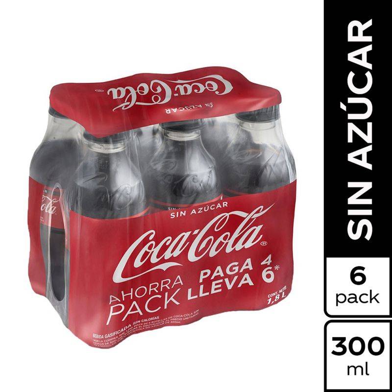Sixpack Gaseosa Coca Cola Sin Azúcar Botella 300ml