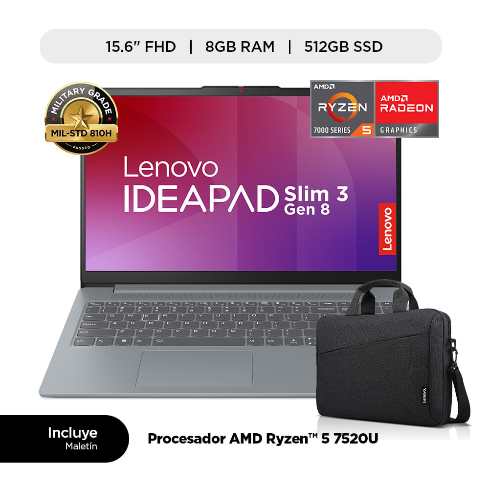 Notebook Lenovo Ideapad Slim 3 AMD Ryzen 5 8GB 512GB SSD 15.6" FHD