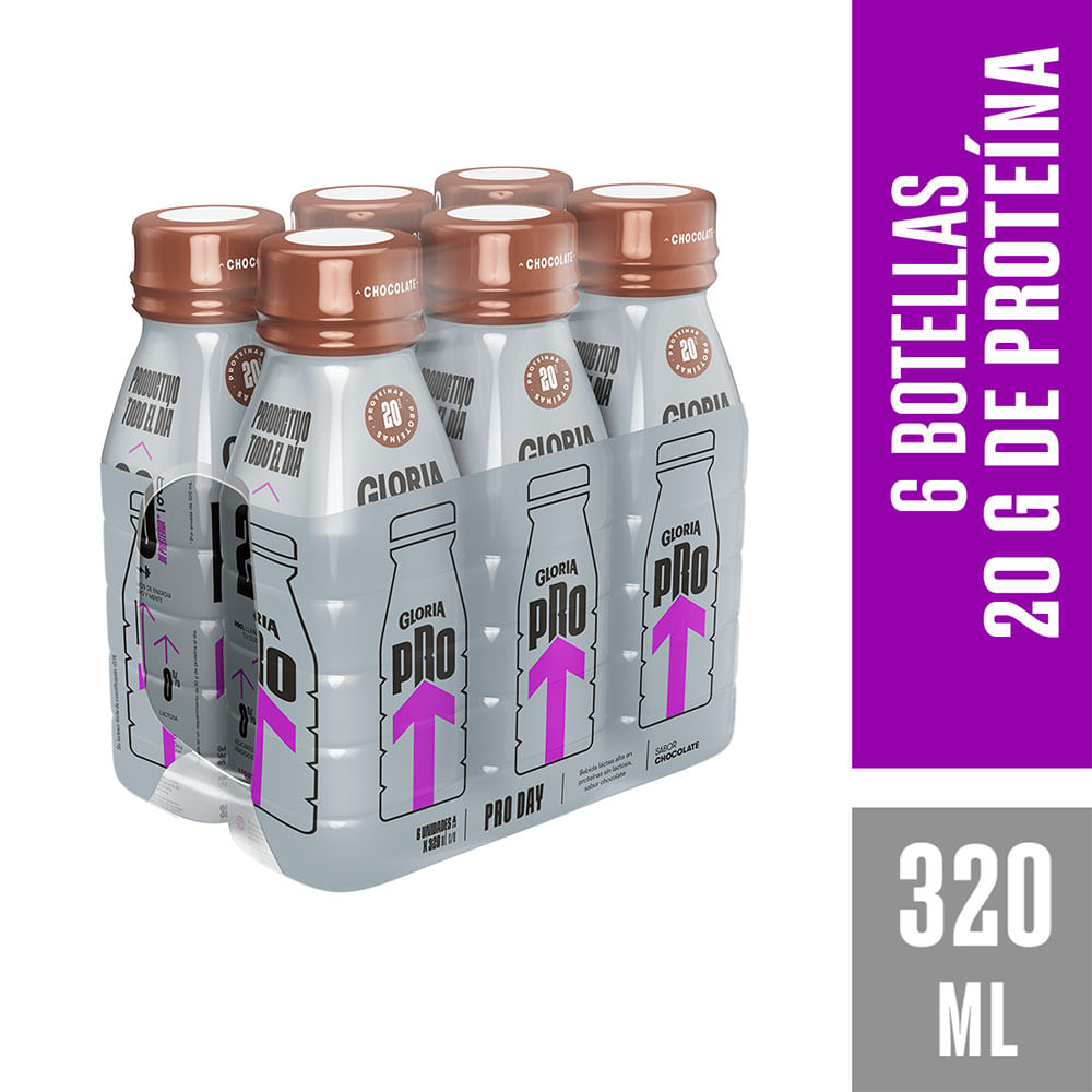 Sixpack Bebida Láctea Gloria Pro Day Chocolate Botella 320ml