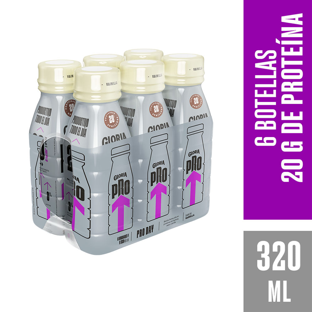 Sixpack Bebida Láctea Gloria Pro Day Vainilla Botella 320ml