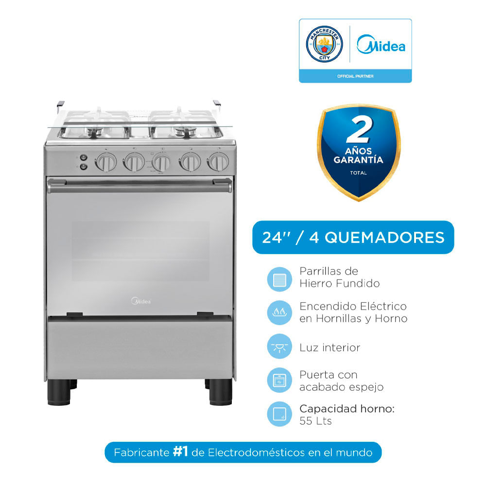 Cocina a Gas 24" Midea 4H Puerta Espejo Silver