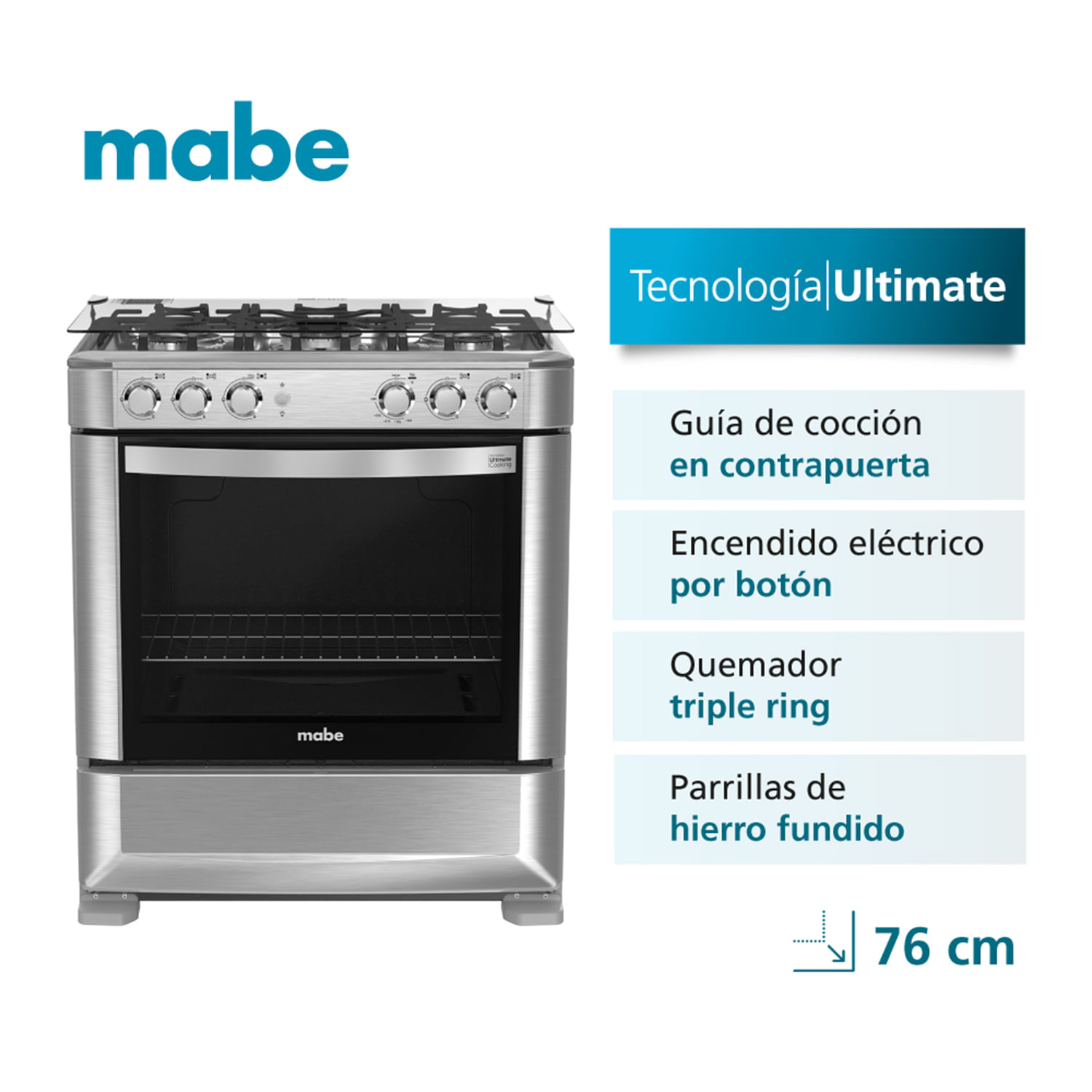 Cocina de Piso 5 Quemadores 76cm Inoxidable Mabe CMP7628FX0