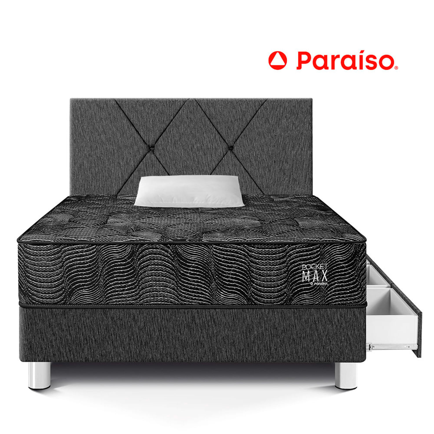 Dormitorio Pocket Paraíso Max Black con Cajones 1.5 plz + 1 Almohada+ 1 Protector