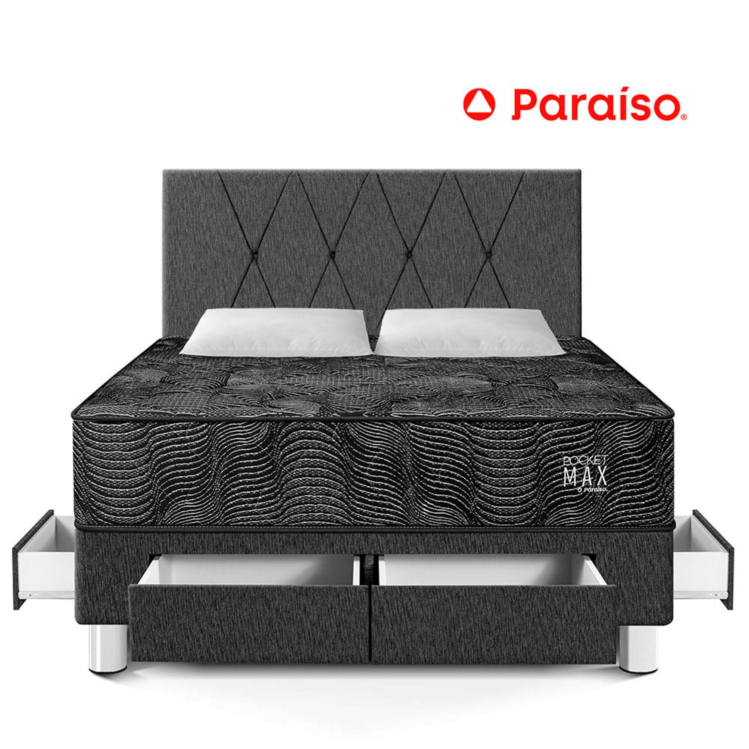 Dormitorio Pocket Paraíso Max Black con Cajones Queen + 2 Almohadas+ 1 Protector