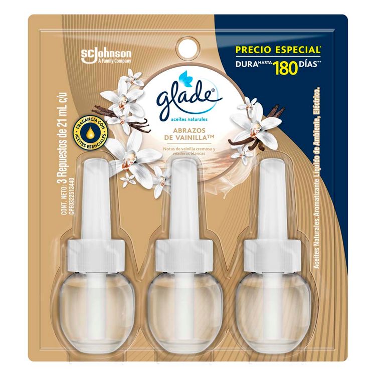 Ambientador Glade Aceites Naturales Abrazos de Vainilla 3 repuestos 63ml