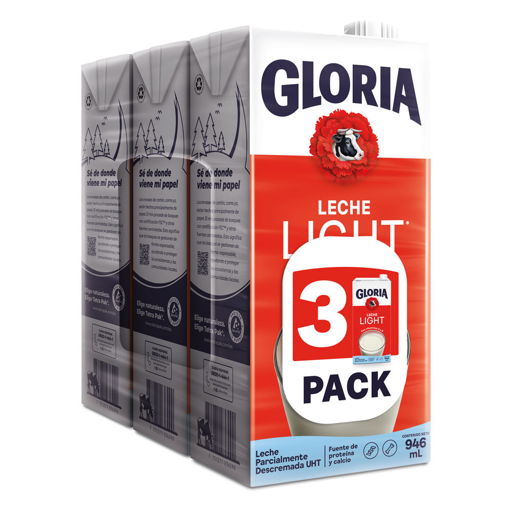 Tripack Leche UHT Gloria Light Caja 946ml