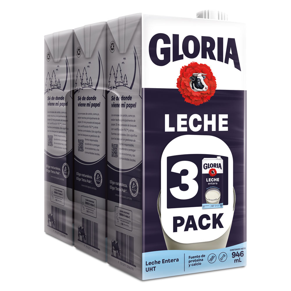 Tripack Leche Entera UHT Gloria Caja 946ml
