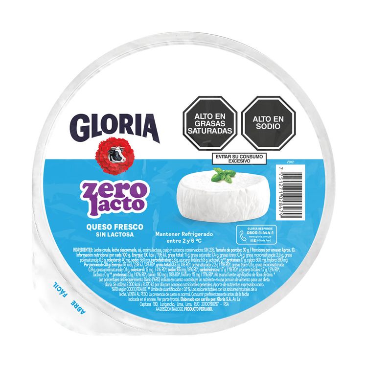 Queso Fresco Sin Lactosa Gloria Zero Lacto x kg (400g aprox)