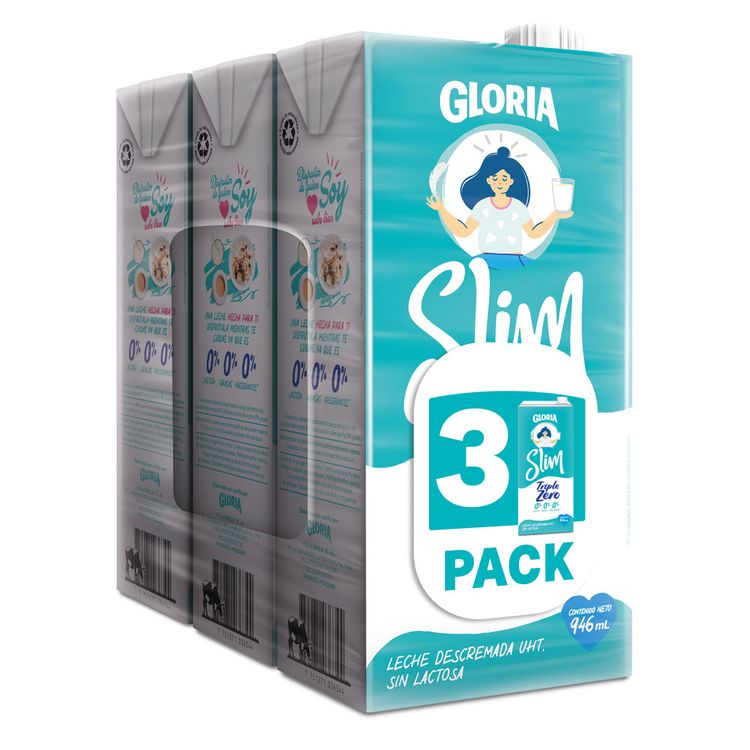 Tripack Leche UHT Descremada Gloria Slim Triple Zero Caja 946ml