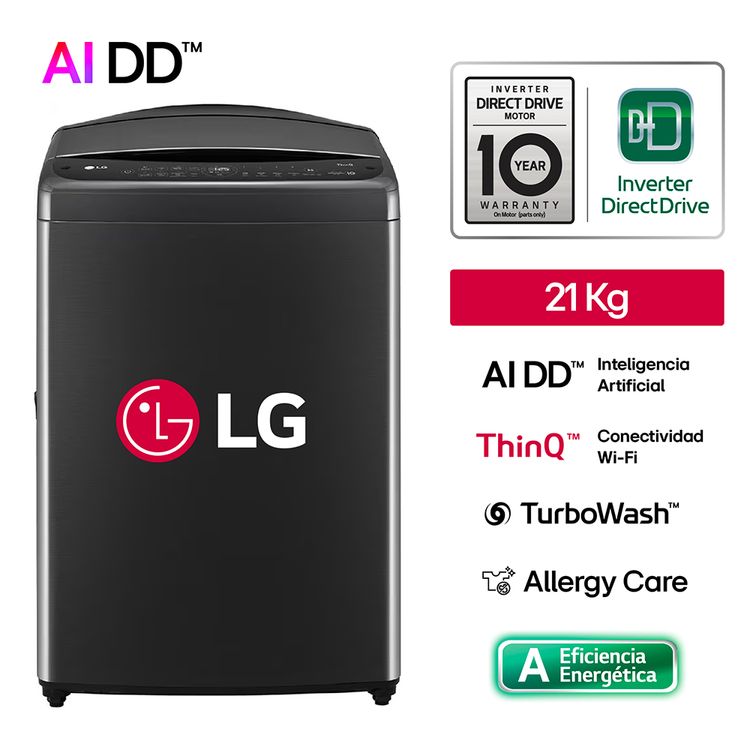 Lavadora Carga Superior LG WT21PBVS6 21 Kg AI DD Negro Plateado