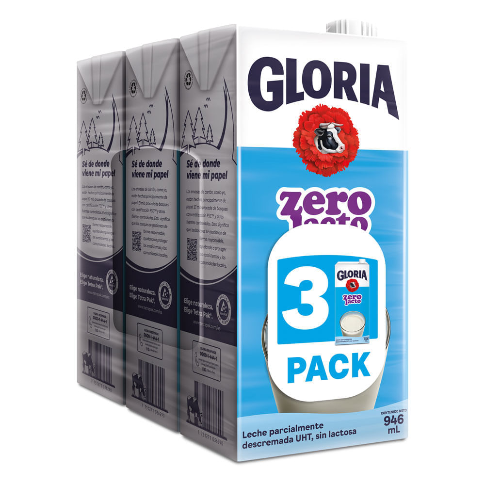 Tripack Leche UHT Sin Lactosa Gloria Zero Lacto Caja 946ml