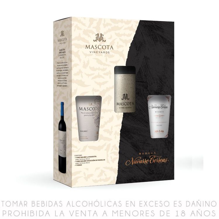 Pack Vino Tinto Malbec 750ml: La Mascota + Navarro Correas + Termo
