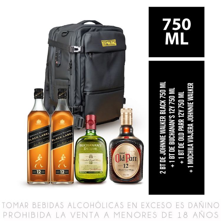 Pack Whisky: Johnnie Walker Black 2un + Buchanan's Deluxe + Grand Old Parr + Mochila