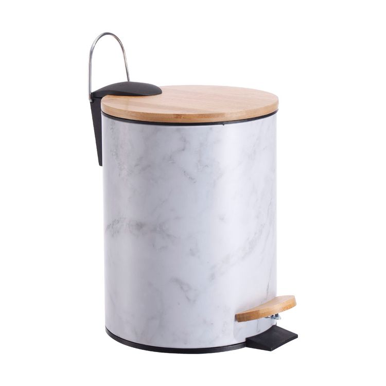 Basurero Krea Pedal Bambú Diseño Mármol Blanco 3L