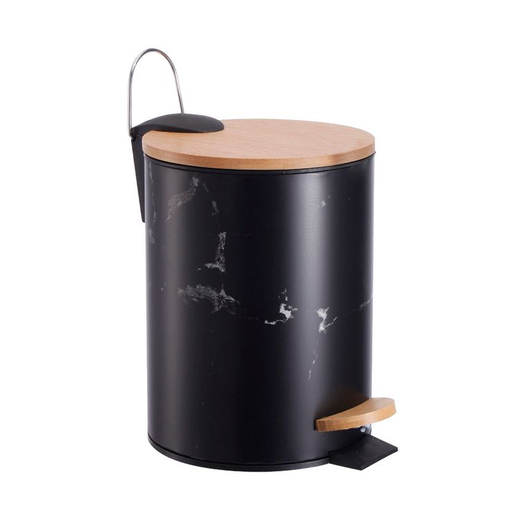 Basurero Krea Pedal Bambú Diseño Mármol Negro 3L