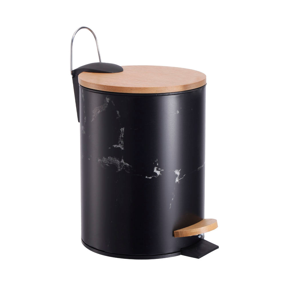 Basurero Krea Pedal Bambú Diseño Mármol Negro 3L