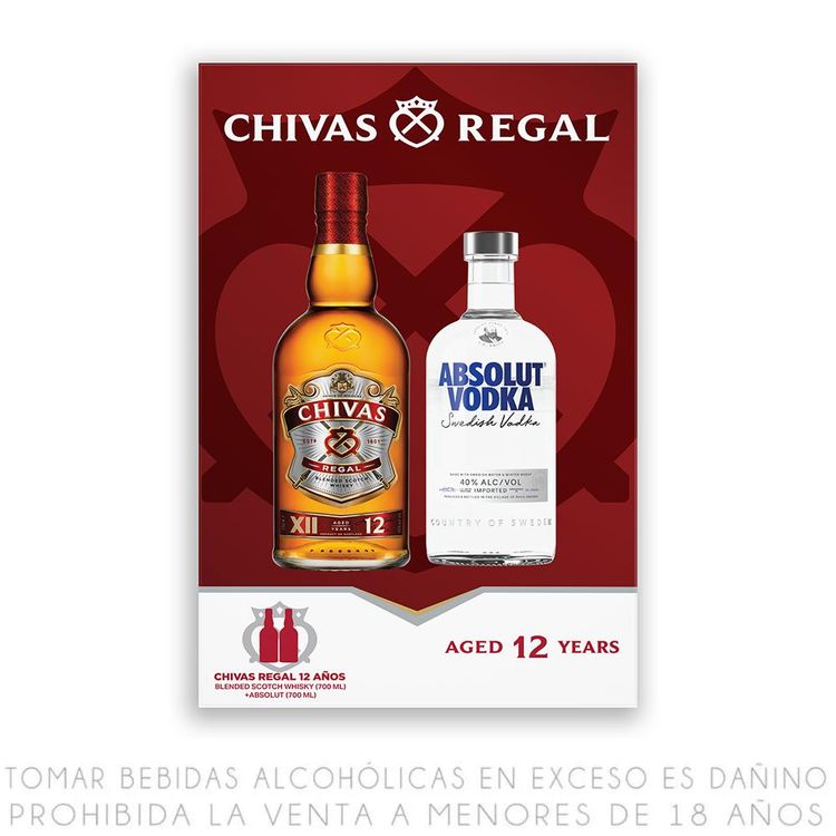 Pack: Whisky Chivas Regal 12 Años Botella 700ml + Vodka Absolut Botella 700ml
