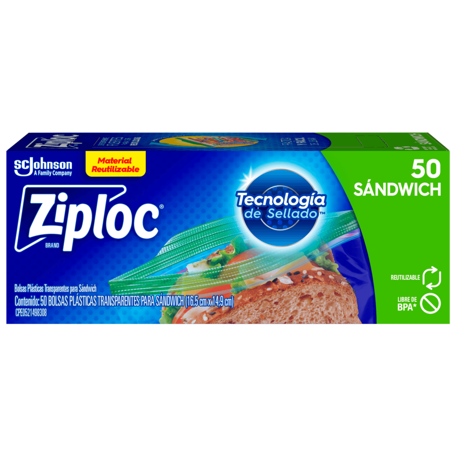 Bolsa Reutilizable Ziploc para Sándwich 50 Piezas