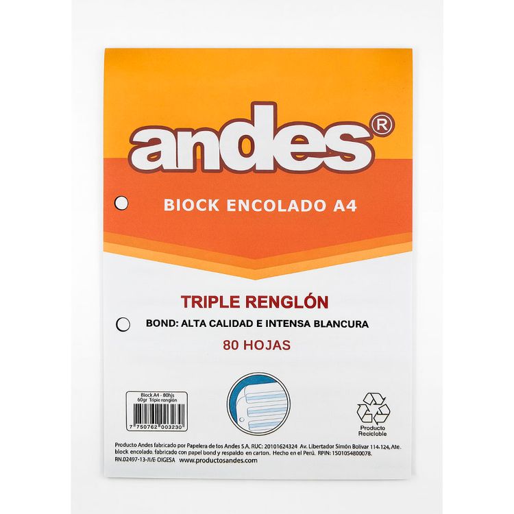 Block Andes Encolado A4 Triple Renglón 60gr 80h
