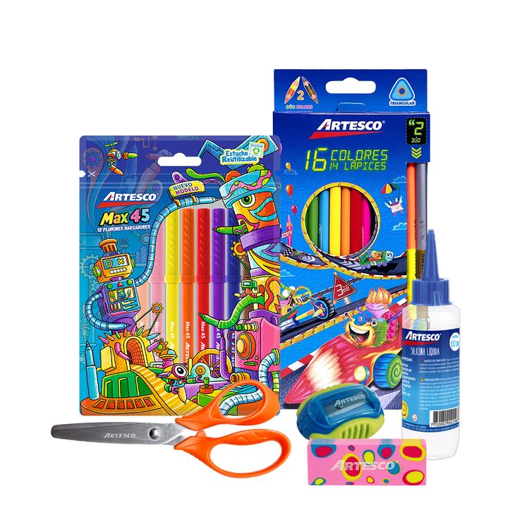 Pack Primaria Artesco (Plumon+Colores+Tijeras+Tajador+Borrador+Silicona)