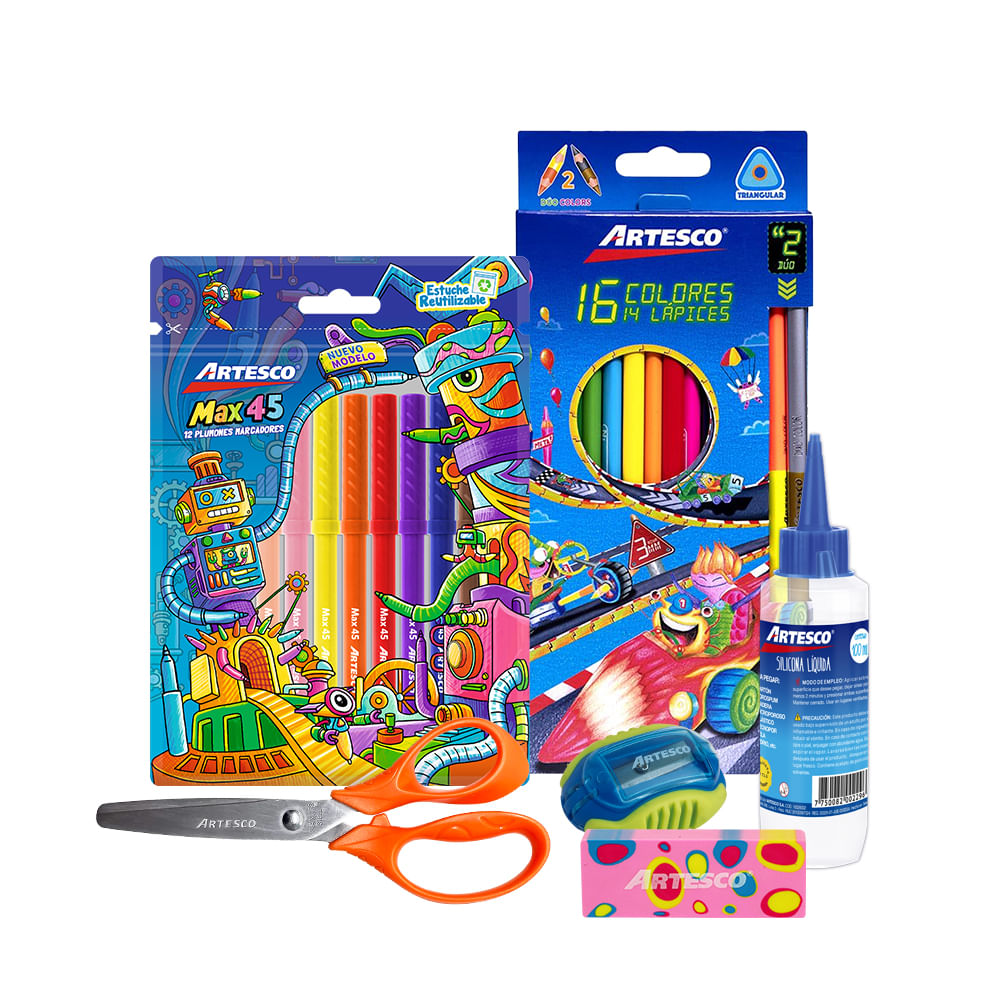 Pack Primaria Artesco (Plumon+Colores+Tijeras+Tajador+Borrador+Silicona)