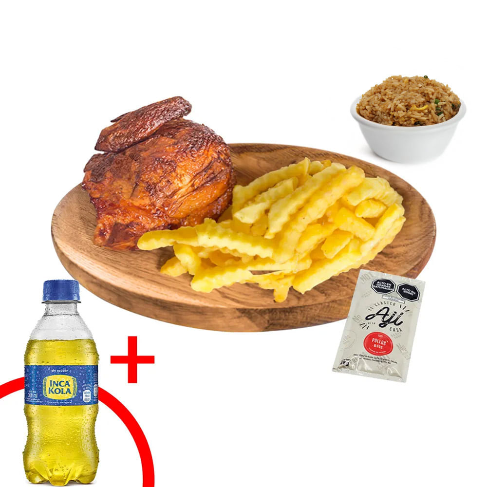 1/4 Pollo Rostizado + Papas Fritas + Arroz Chaufa + Gaseosa Sin Azúcar 300ml