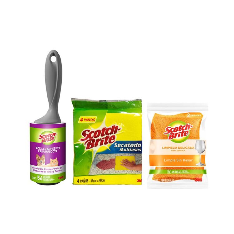 Pack Scotch Brite: Paño Seca Todo 4un + Rodillo Adhesivo + Esponja Cero