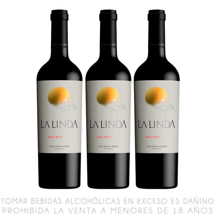 Tripack Vino Tinto Malbec La Linda Botella 750ml