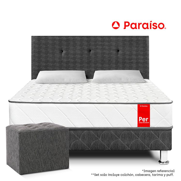 Dormitorio Per Paraíso 2 Plazas Acero + Puff + 2 Almohadas+ 1 Protector