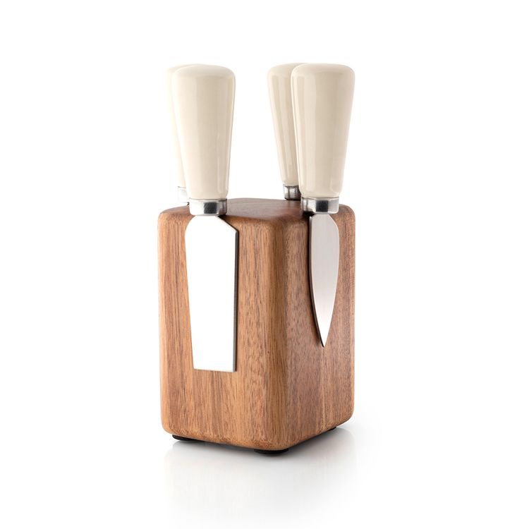 Set de 4 Cuchillos Krea para Queso con Bloque para Cuchillos, Crema