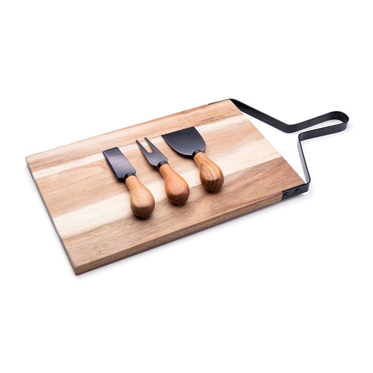 Tabla de Quesos Krea de Madera de Acacia y Set de 3 Cuchillos Antiadherentes para Queso