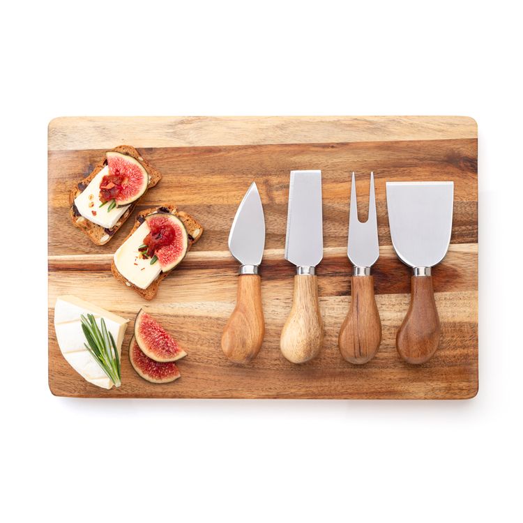 Set de 4 Cuchillos Krea para Queso de Madera de Acacia con Tabla de Quesos