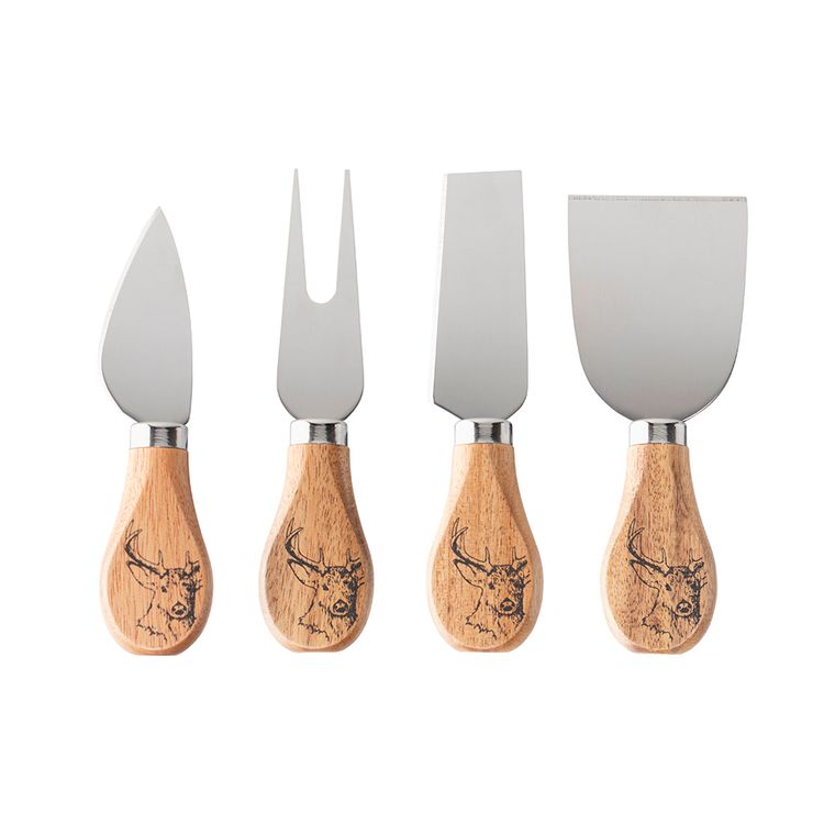Set de 4 Cuchillos Krea para Queso de Madera de Acacia, Diseño de Ciervo