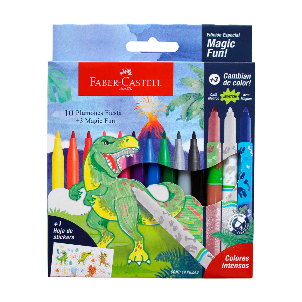 Estuche Plumones Faber Castell Dinosaurio Fiesta x10+3