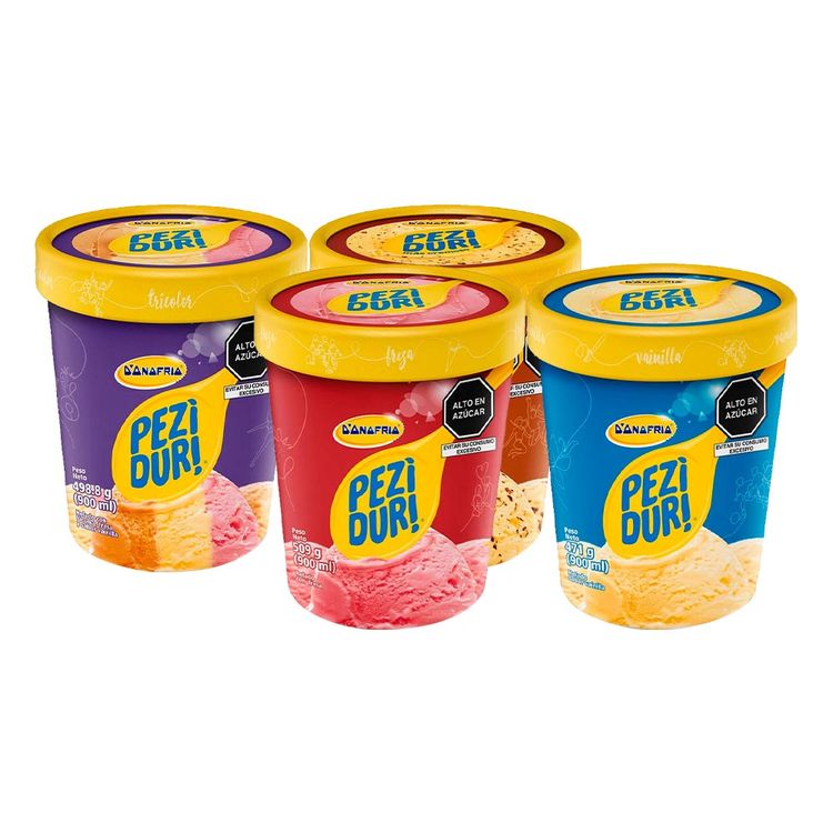 Pack Helado Peziduri 900ml: Tricolor + Chocochips + Vainilla + Fresa