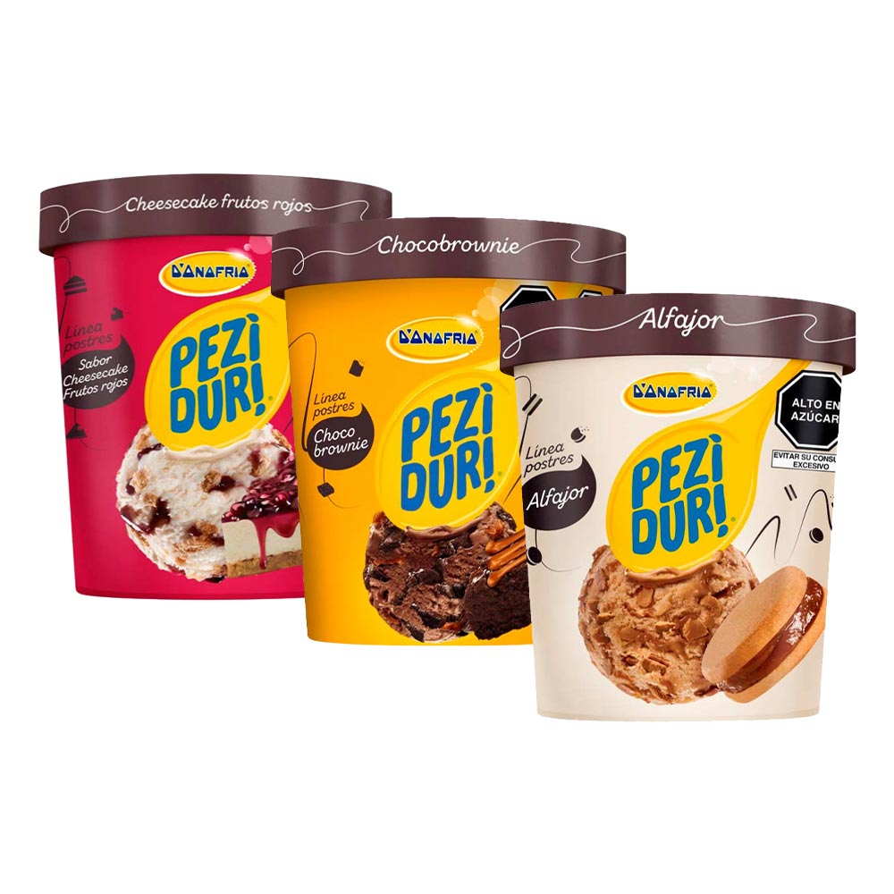 Pack Helado Peziduri Postres 900ml: Cheesecake + Choco Brownie + Alfajor