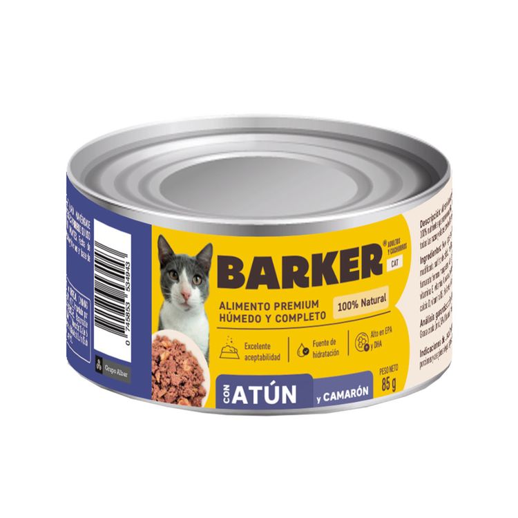 Alimento Húmedo Barker Gato Lata Atún y Camarón 85gr