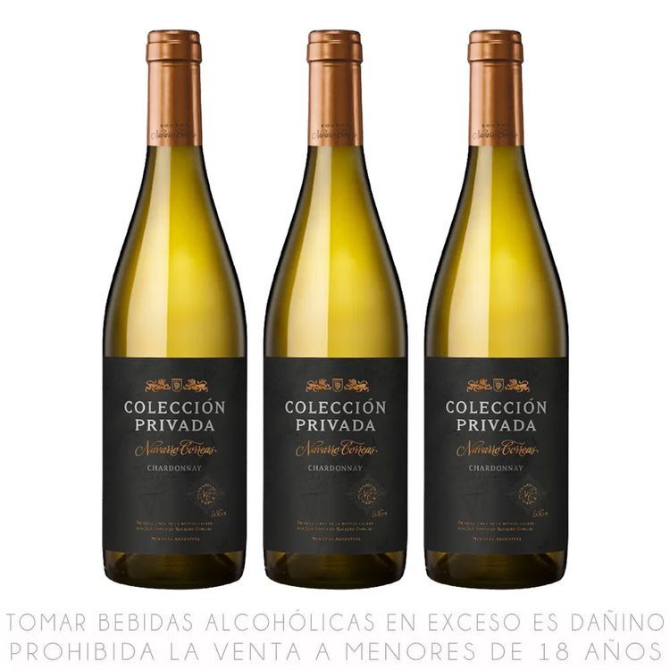 Tripack Vino Blanco Chardonnay Navarro Correas Colección Privada 750ml