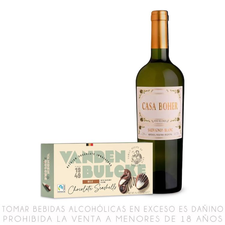 Vino Blanco Sauvignon Blanc Casa Boher 750ml + Bombones Vandenbulcke Sea Shells 125g