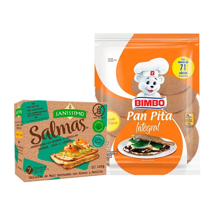Pan Pita Integral Bimbo 10un + Galletas Salmas Granos y Semillas 126g
