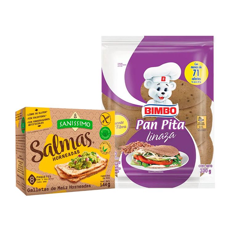 Pan Pita Linaza Bimbo 10un + Galletas Salmas Horneadas 144g