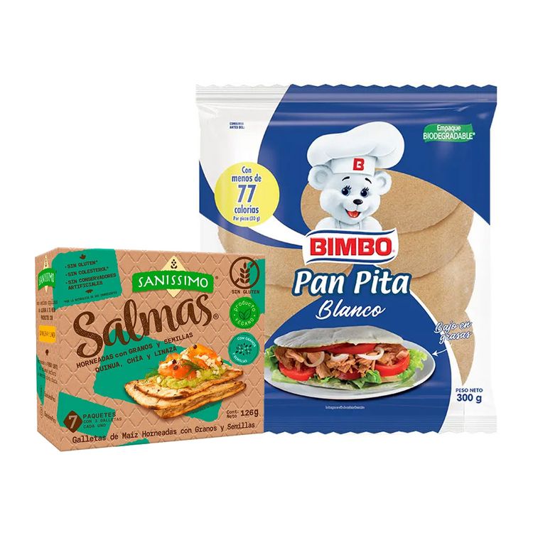 Pan Pita Blanco Bimbo 10un + Galletas Salmas Granos y Semillas 126g