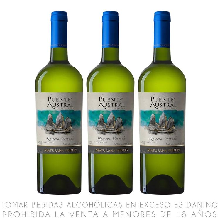 Tripack Vino Blanco Sauvignon Blanc Puente Austral Reserva Botella 750ml